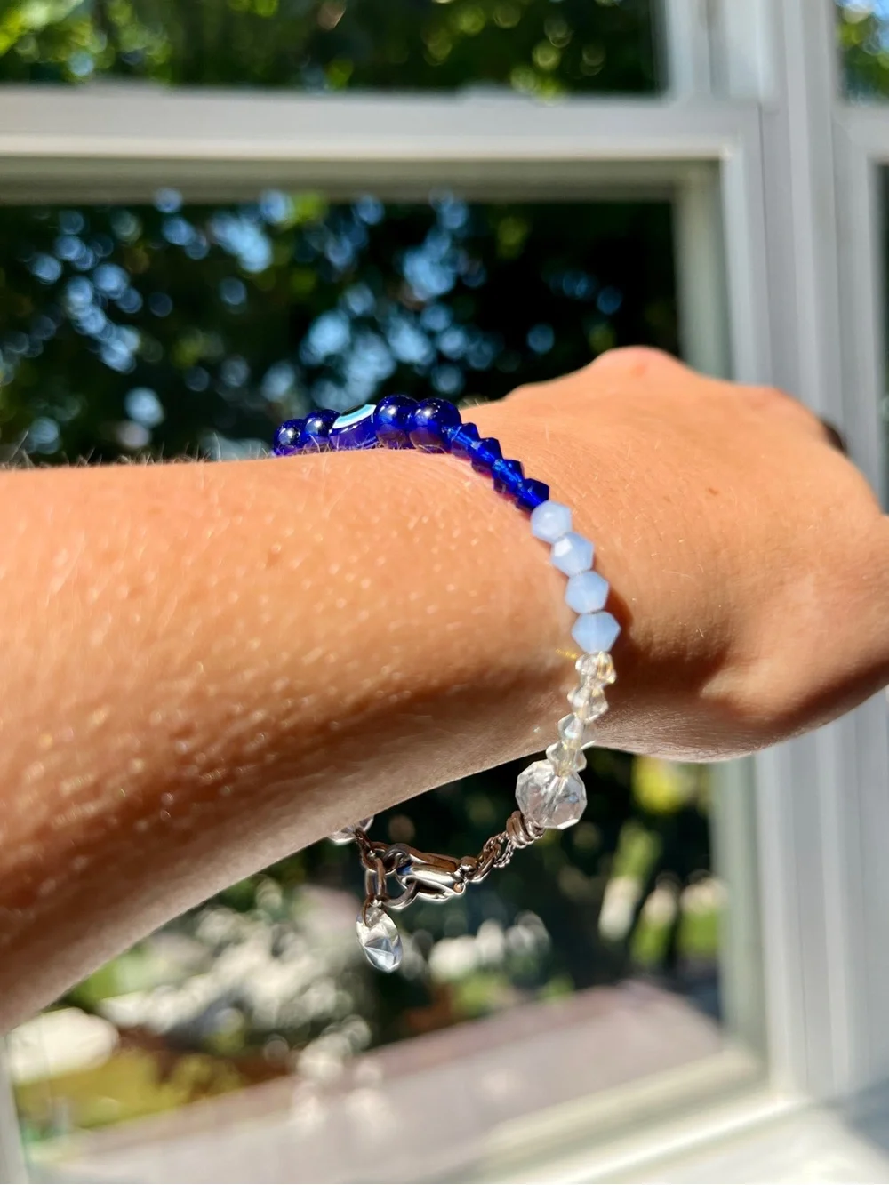 🧿 Blue “Evil Eye” Bracelet - Glass Beads, Swarovski Crystals & Silver-Tone Metal